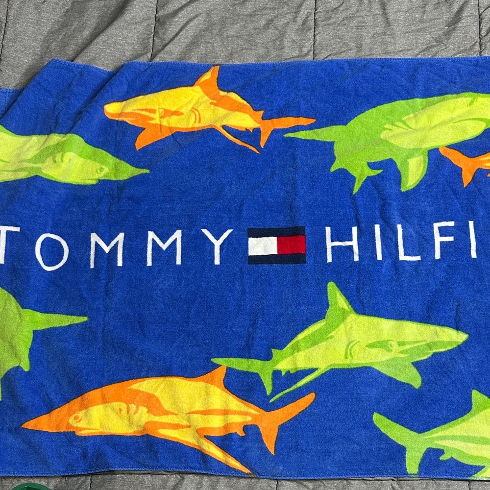 Tommy Hilfiger Blue Towel with Colorful Orange & Green Sharks 34”x 66”